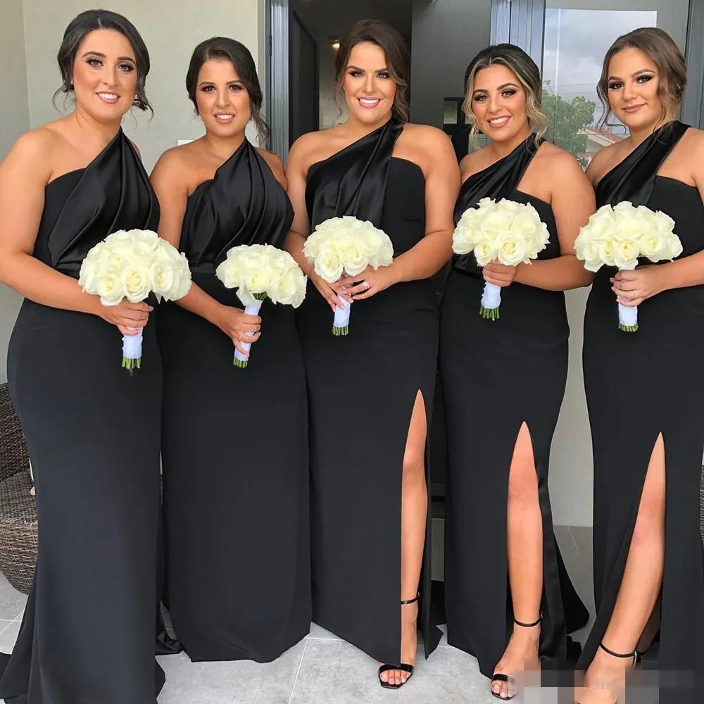 Modest preto vestidos de dama de honra um ombro até o chão fenda lateral sereia plus size país casamento dama de honra vestido personalizado ma277s