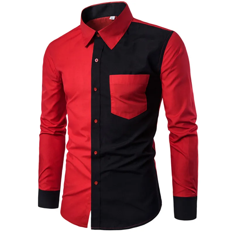 Red Black Patchwork Shirt Men 20202Autumn New Slim Fit Mens Dress Shirts Casual Business Social Shirt Male Hit Color Chemise 3XL286f