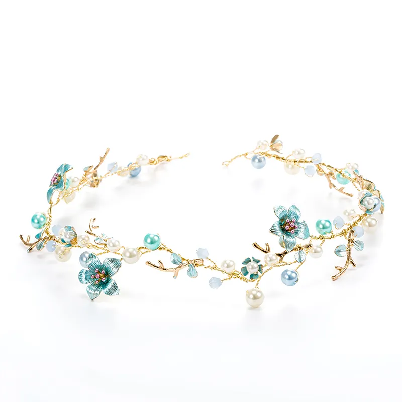 Dowc Me Women Blue Flower Headband Wedding Wall Vine Pearl Bridal Hair Jewelry Akcesoria Handmade C19041101