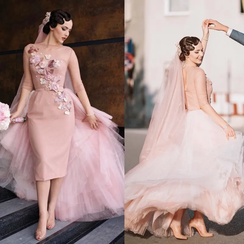 ヴィンテージの赤面ピンクの膝の長さの短いシースブライダルドレスフォーマルパーティーはタル3 d花2020のウェディングドレスを着用します。