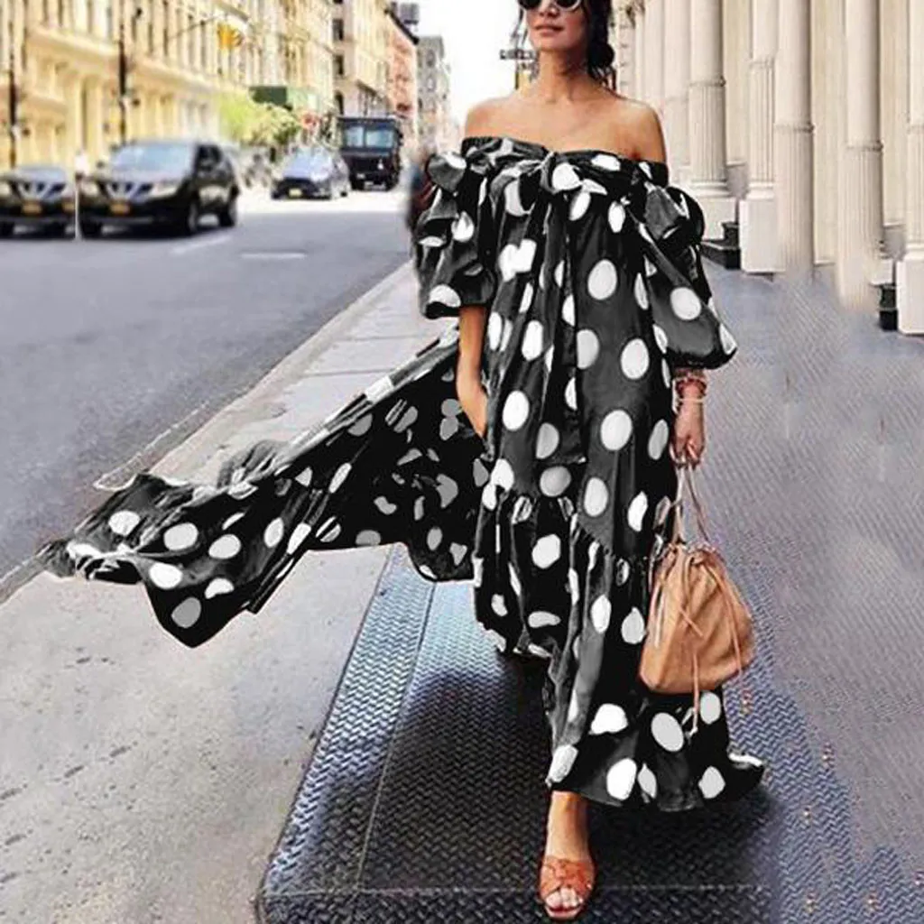 Women Summer Polka Dot Off Shoulder Printed Dress Lace Ruffle Bow Party Maxi Dresses Summer Dress 2019 vestidos de verano NEW