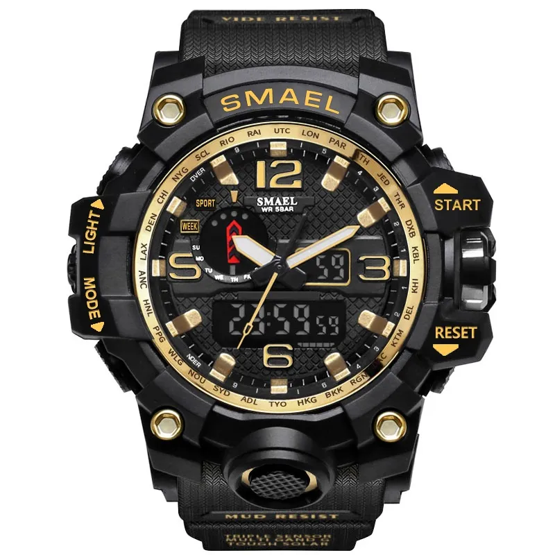 SMAEL 1545 Märke Herr Sportklockor Dual Display Analog Digital LED Elektronisk Quartz Armbandsur Vattentät Simning Military Watch