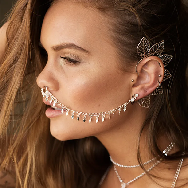 Fashion European And American Personality Punk Nose Ring Sexy Alloy Women Earrings Geometric Tassel Chain Earrings Nose Clip