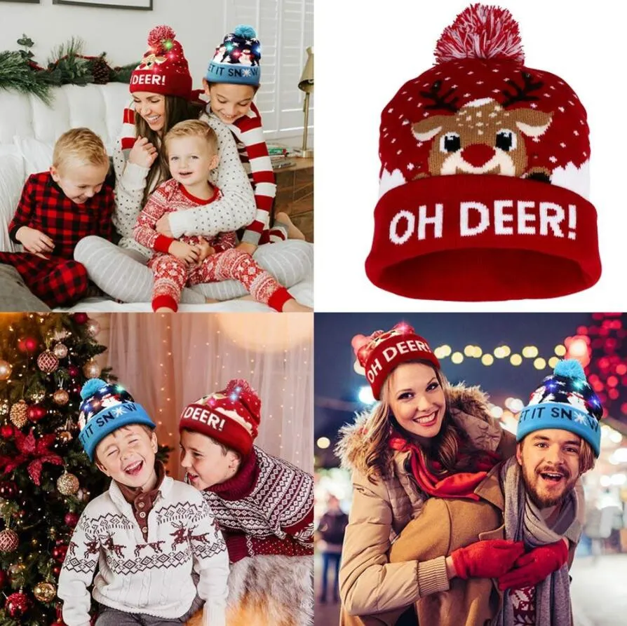 2020 New Year LED Light Christmas Hats Beanie Sweater knitted Christmas Light Up Knitted Hat for Kid Adult For Christmas Party 15 Style