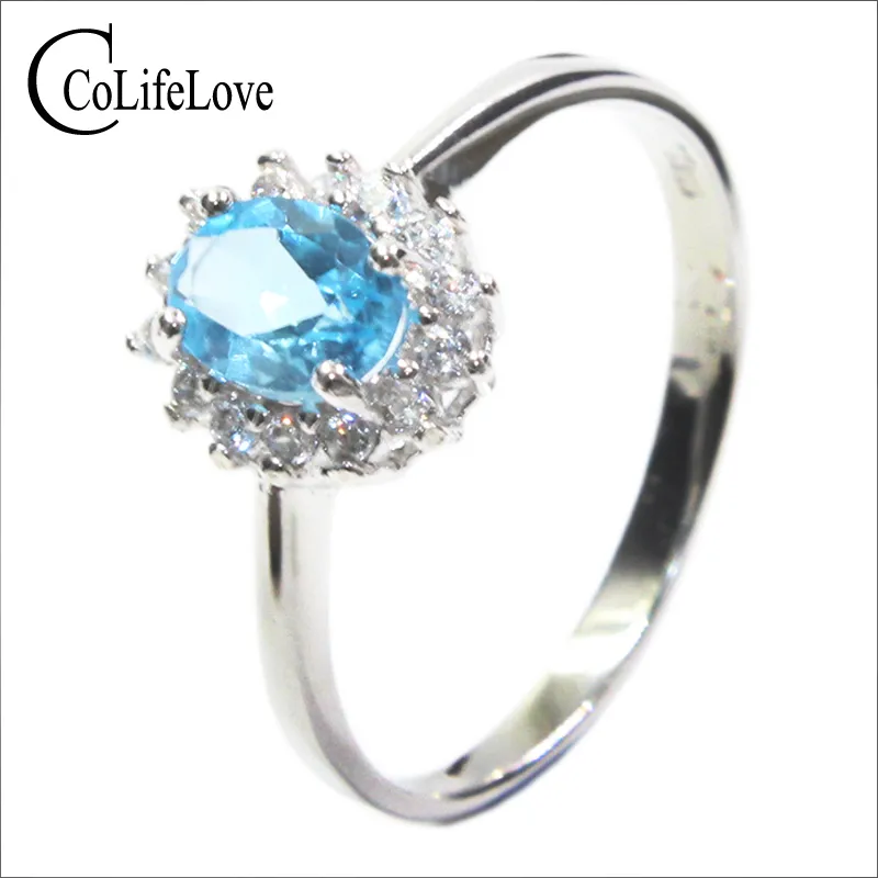 Classic silver engagement ring for girl 5 mm * 7 mm natural VVS blue topaz ring 925 sterling silver topaz ring for evening party