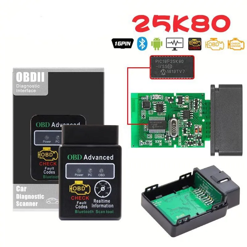 ELM 327 HHOBD OBD2 V1.5 25K80 V2.1 Carro Diagnóstico-ferramenta Scanner ELM327 Interface Bluetooth Suporte Todos os Protocolo OBDII OBD