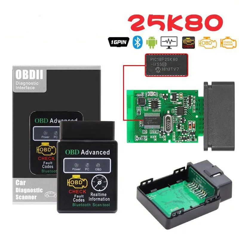 ELM 327 HHOBD OBD2 V1.5 25k80 V2.1 Scanner d'outil de Diagnostic de voiture ELM327 Interface Bluetooth prend en charge tous les protocoles OBDII OBD