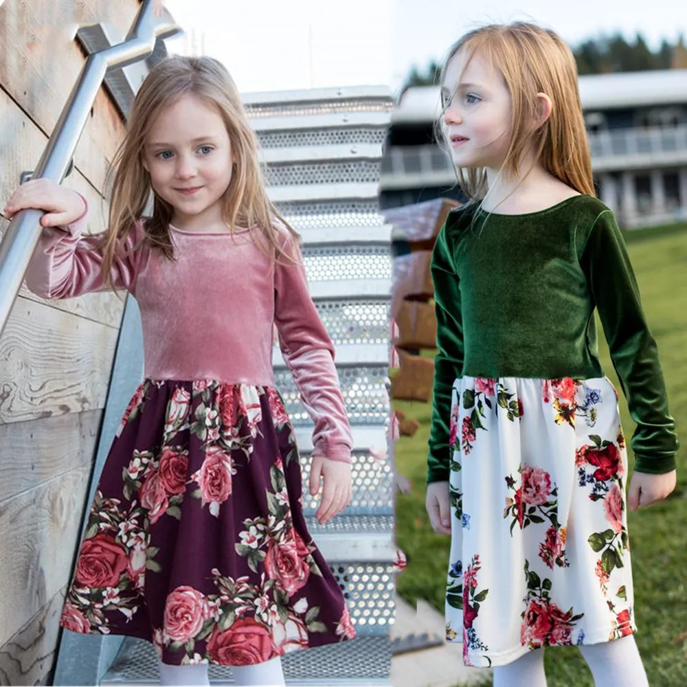 2 color 2019 INS autumn and winter new European and American girls velvet flower dress girl long sleeve fashion floral dress P038