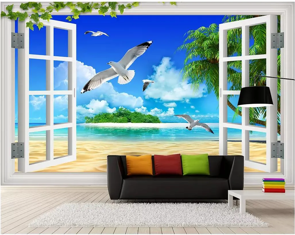 Murales de pared 3D fondo de pantalla personalizado cuadro mural papel de pared Cielo azul nubes blancas playa de mar árbol de coco fondo marino simple pared de fondo