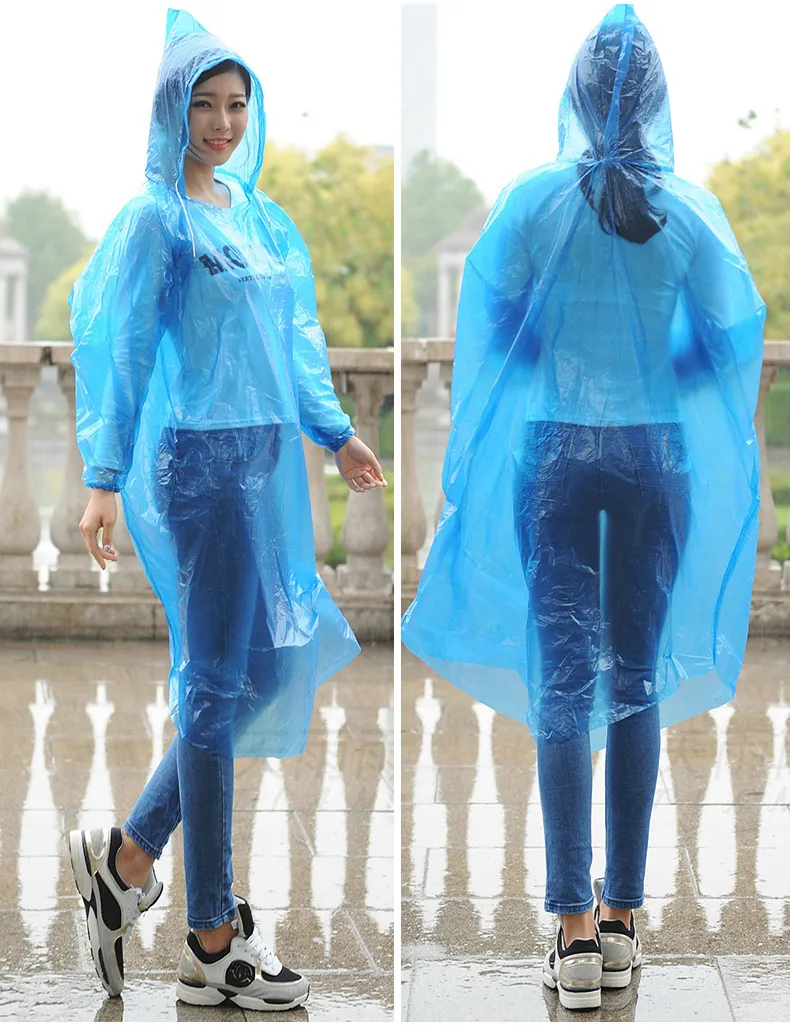 imperméable jetable en pe avec élastique sur la manche adulte poncho imperméable à capuche d'urgence voyage camping doit manteau de pluie vêtements de pluie en plein air