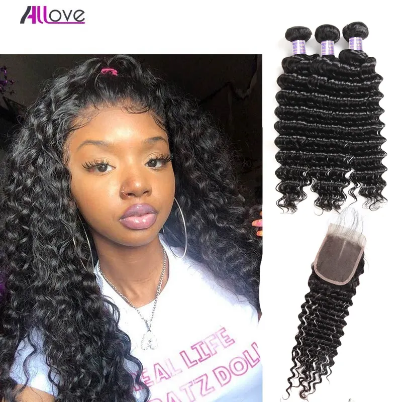 Allove Brazilian Weft Deep Wave 3pcs Peruvian Human Hair Bundles with Lace Closure Indian Extensions Wholesale for Women All Ages Jet Black 8-28inch
