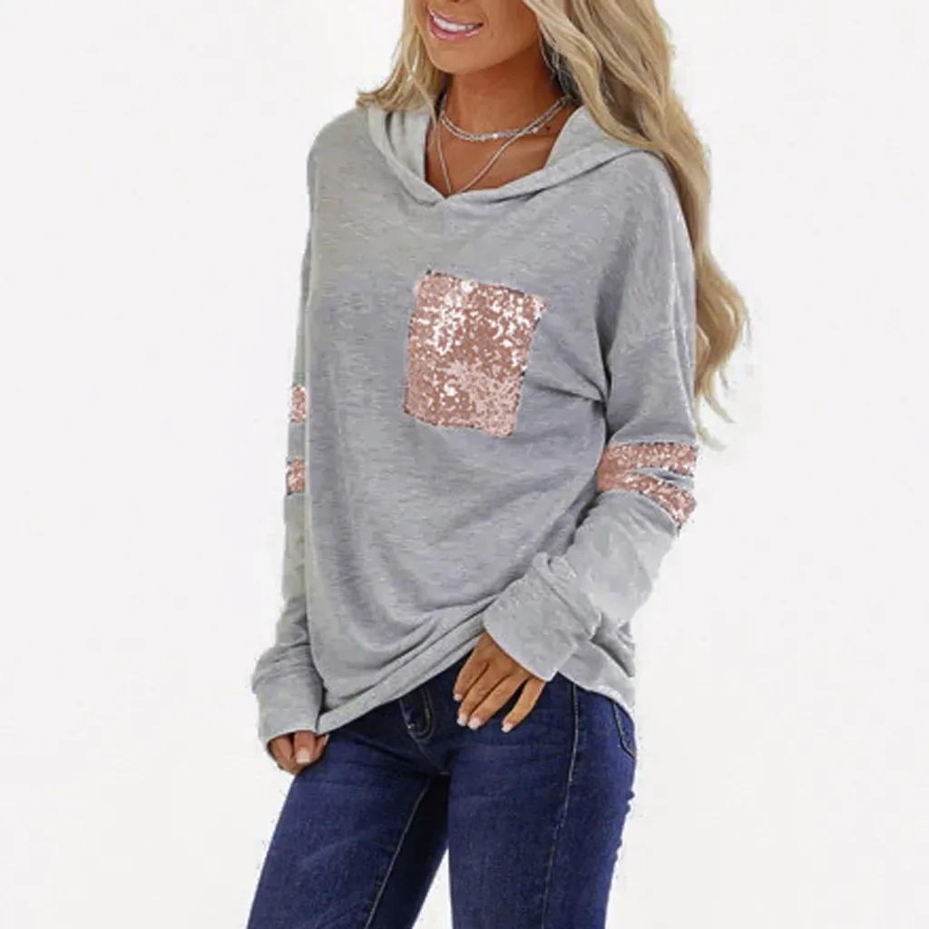 Moda Lentejuelas Bolsillo Con Capucha Blusa 2019 Casual Invierno