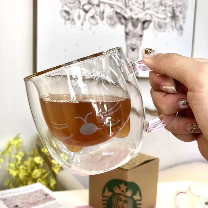 Sommaren ny Starbucks Taiwan Little Cat Transparent Glass Cup rosa handtag Dubbel glas kaffemjölk mugg 250 ml299g