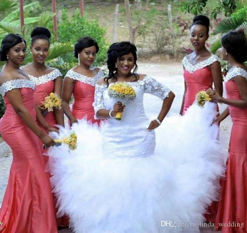2019 African Nigerian Bridesmaid Dress Water Melon Long Spring Summer Formal Wedding Party Guest Maid of Honor Gown Plus Size Custom Made