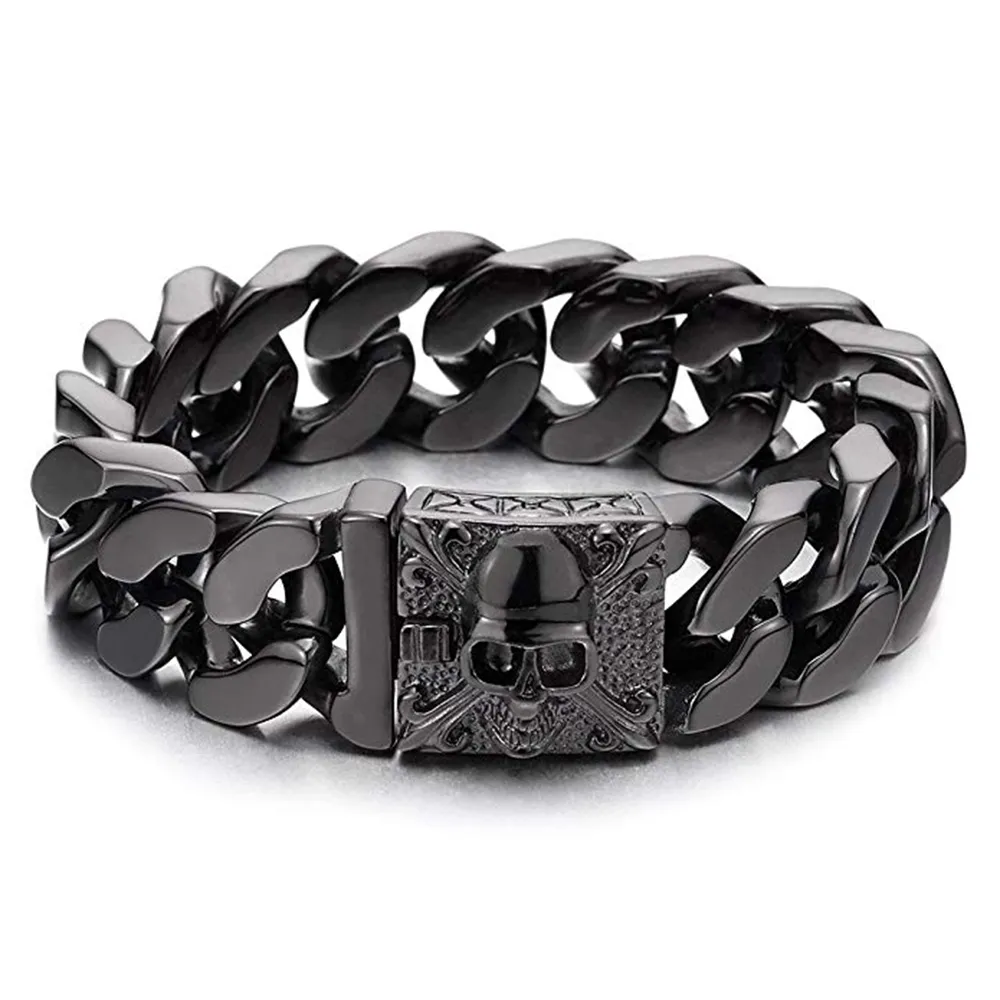 20mm Matte Black Bike Biker Chain Skull Bracelets Homens pesados ​​Punk Rock Hiphop Gold Prata 316L Aço inoxidável Curb Calhe