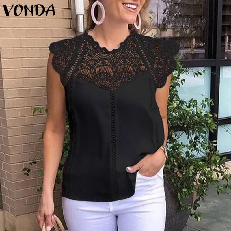 Frauen Sommer Ärmellose Spitze OL Büro Hemd Damen Hohl Party Tops Camisas Plus Größe 3XL 4XL 5XL Weiß Blusa sexy Frauen Bluse