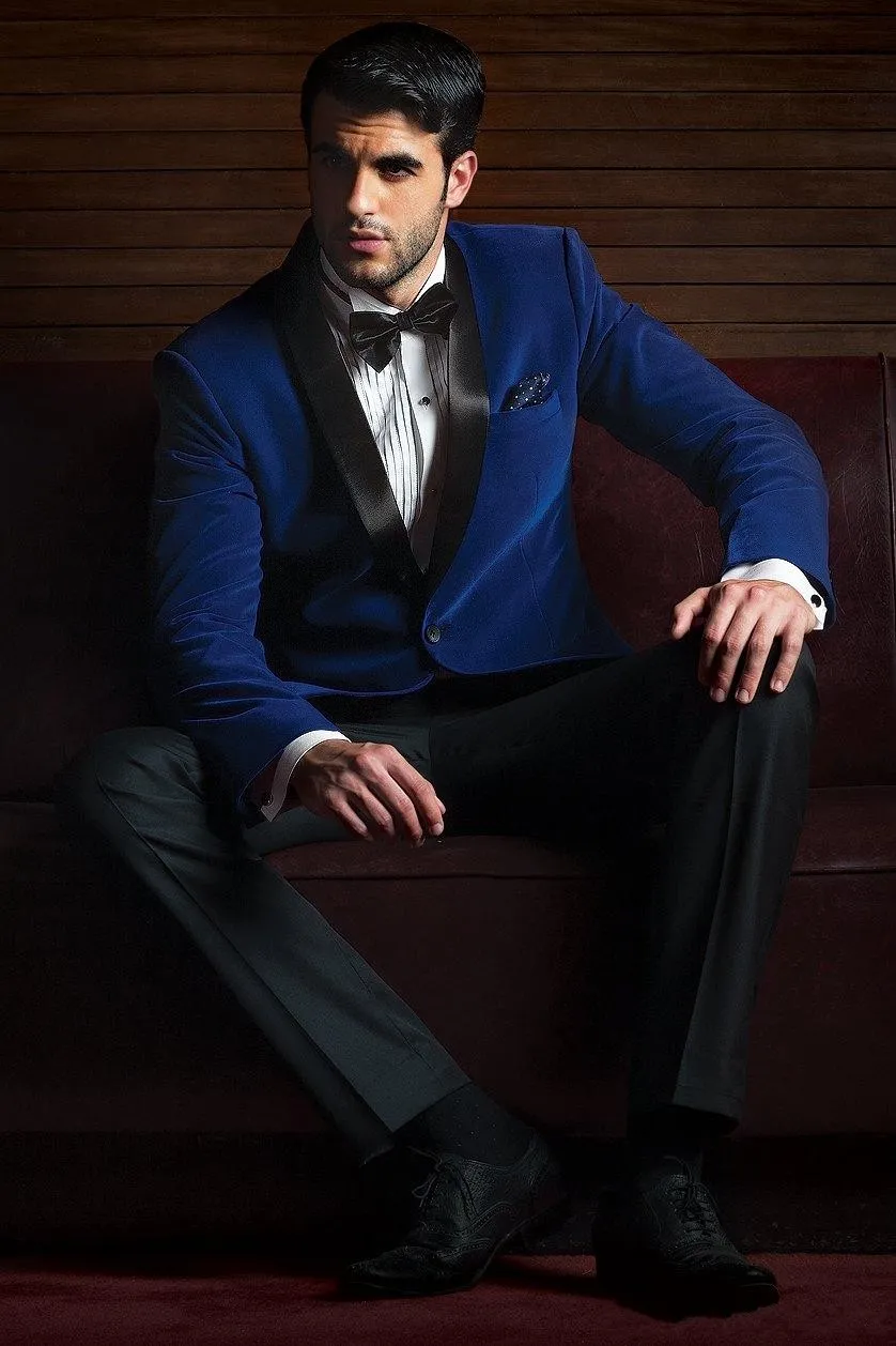 Blue Velvet Groom Tuxedos Black Shawl Lapel Groomsman Wedding Suit