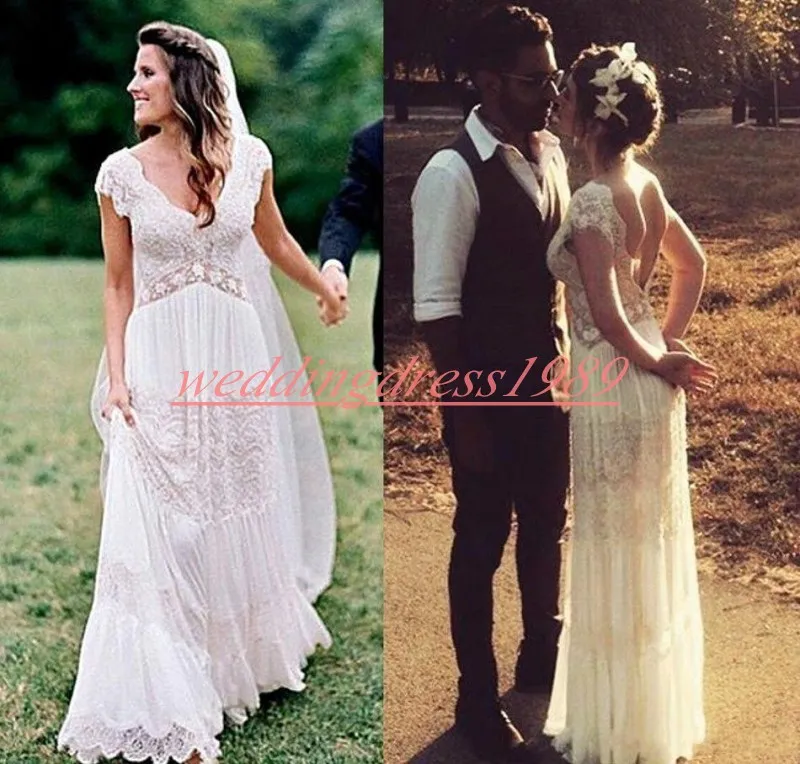 Romantische V-Ausschnitt Strand Outoor Brautkleider 2020 Spitze A-Linie Frühling Garten Chiffon Arabisch Brautkleider für Braut Afrikanische Plus Size Ball