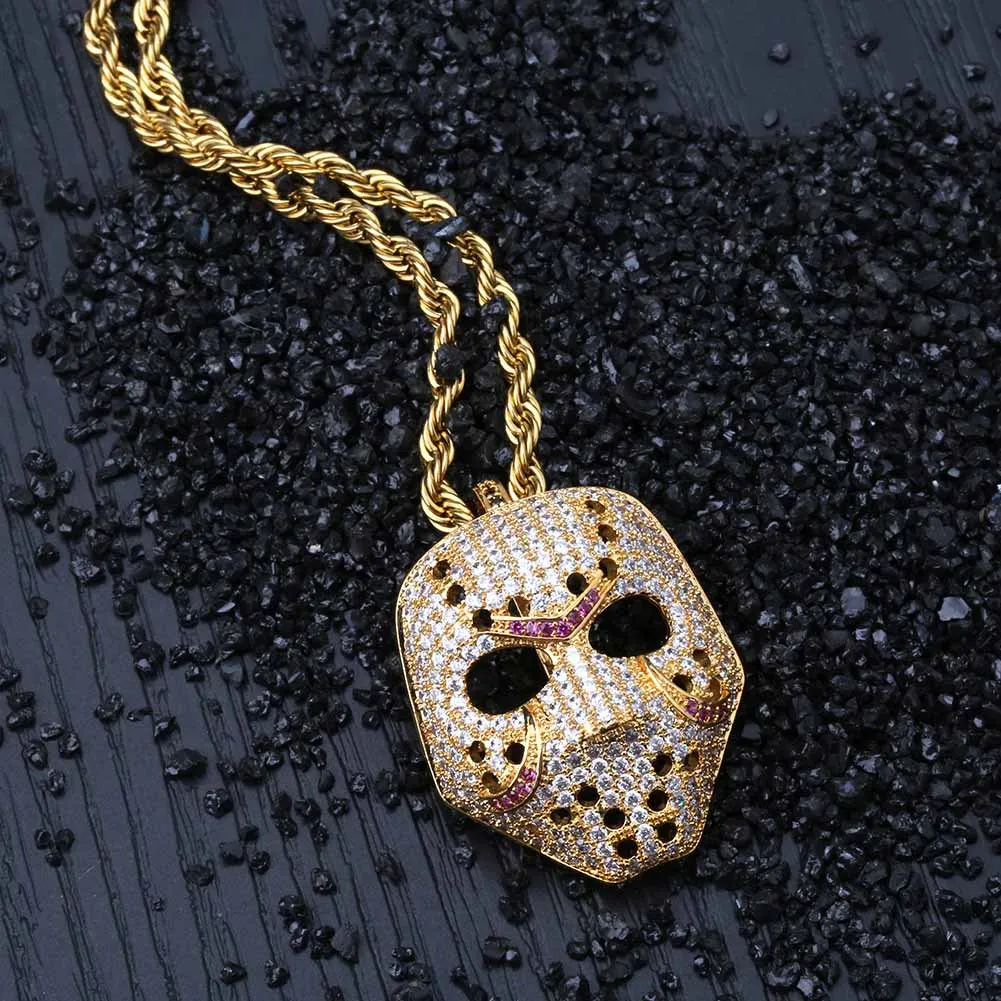 Personnalisé Vintage Crâne Masque Pendentif Chaîne Collier Or Blanc 18K Plaqué Cublic Zircon Hip Hop Rappeur Halloween Fête Bijoux Accessoires Cadeaux pour Hommes Femmes