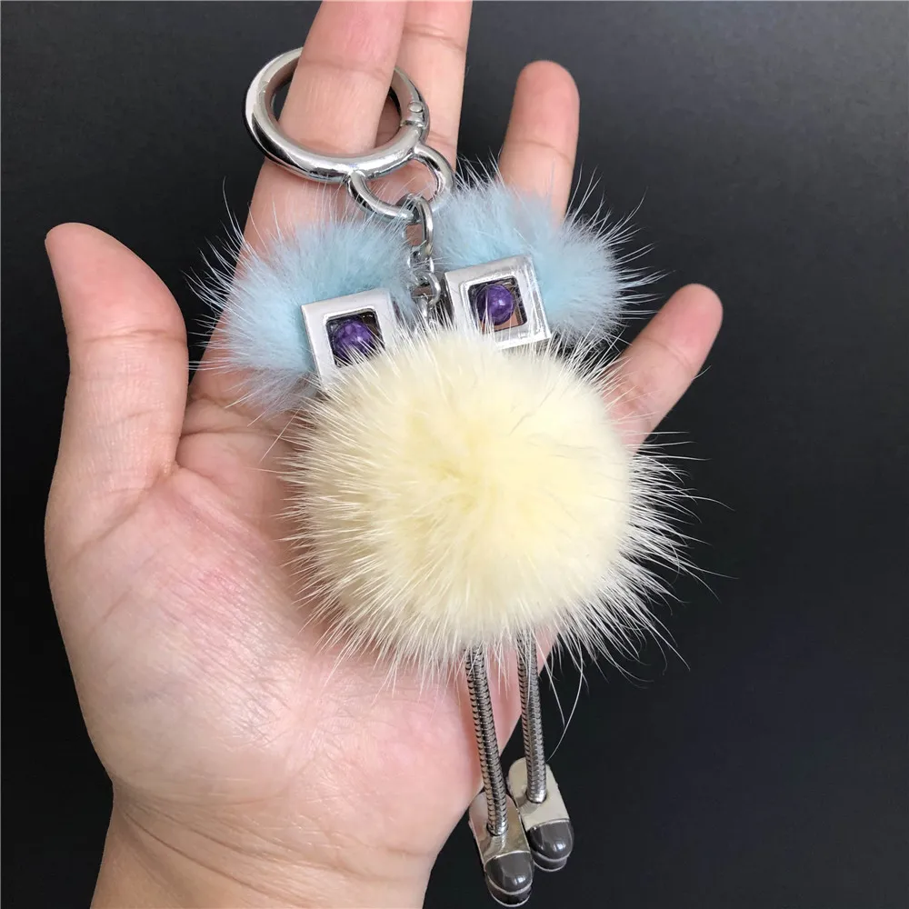 Genuino Real Fur Chick Monster Robot Doll Toy Charm Fur Pompom Ball Bag Charm Key Chain Keyring bag car phone Accessories363k