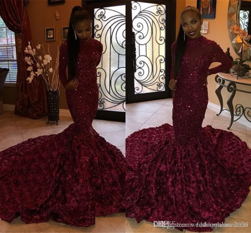 New Fashion Burgundy Mermaid Prom Vestidos alta Neck mangas compridas Floral 3D Flores Lace frisado apliques de cristal vestido de festa vestidos de noite