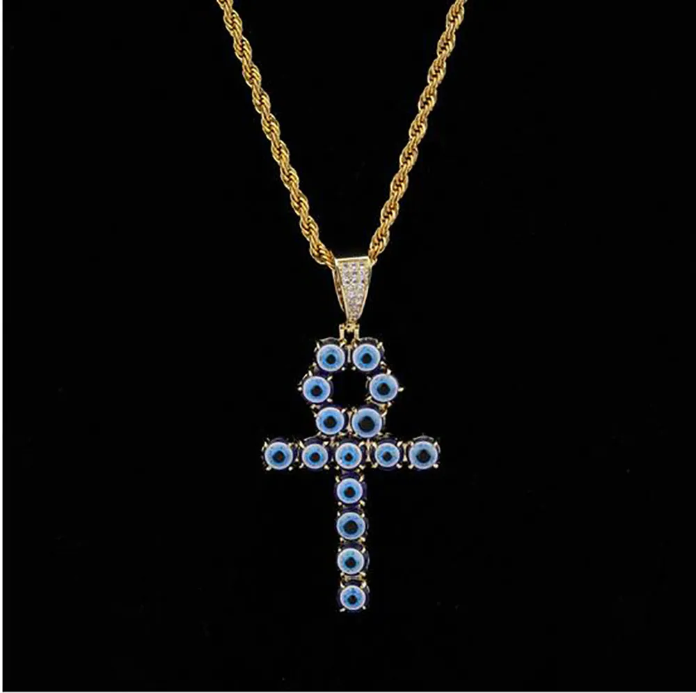 Blaue Farbe, ägyptischer Ankh-Schlüssel des Lebens, Halskette, 18 Karat vergoldetes Kupfer, Kreuz-Anhänger, Zirkonia, Hip-Hop-Schmuck