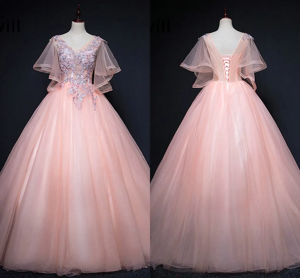 Juliet Mangas Curtas Prom Vestido Quinceanera 2019 Barato Com Decote Em V 3D Floral Apliques de Beads Espartilho De Cristal De Volta Doce 16 Meninas Vestidos de Noite