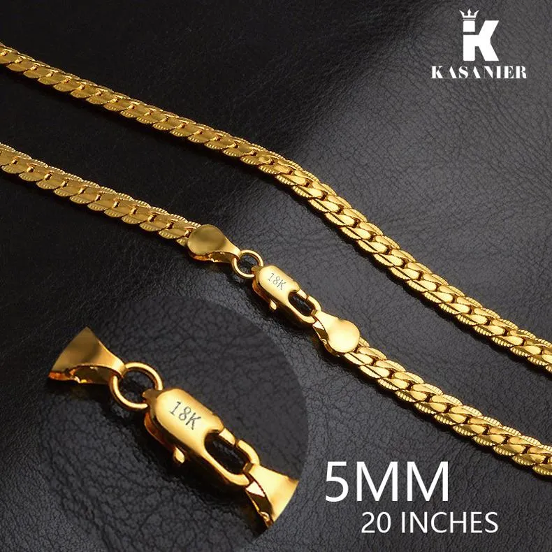 Men Sideways Link Chain Necklaces 5mm Width 18K Gold 20inch Neck Chain Curb Snake Necklaces New Wedding Fashion Jewelry Accesories