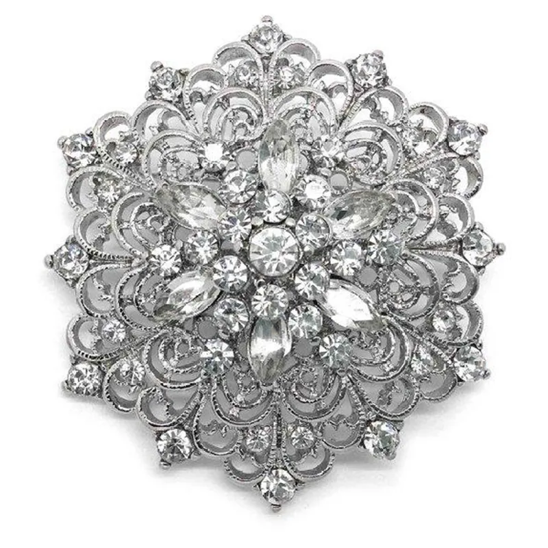 1.75 Inch Vintage Style Rhodium Silver Plated Clear Rhinestone Vintage Swirl Adorn Bridal Brooch with Marquise Crystals