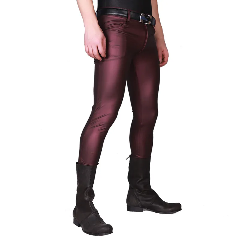 Mens Wine Red And Black Faux Leather Skinny Spanx Leather Leggings