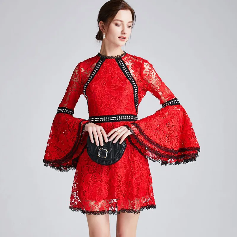 Women's Runway Dresses O Neck Long Sleeves Flare Sleeves Embroidery Lace Beaded Fashion Designer Short Dresses