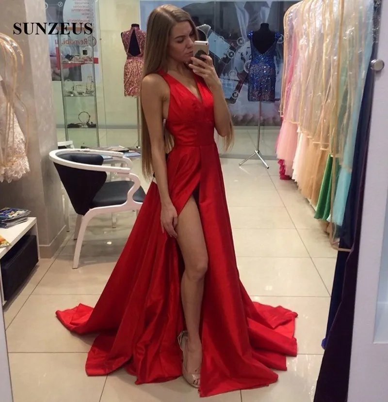 Long red v deals neck prom dress