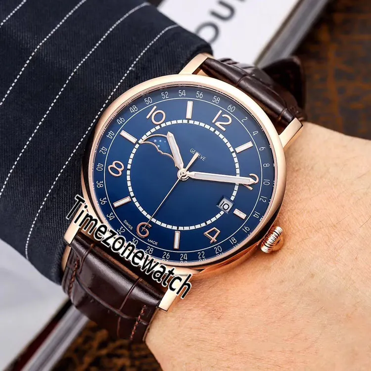 Yeni Patrimony Moon Phase Miyota 8217 Otomatik Erkek İzle Rose Gold Mavi Numarası Çubuk İşaretleyiciler Kahverengi Deri Saatler Timezonewatch E50a1 Dial