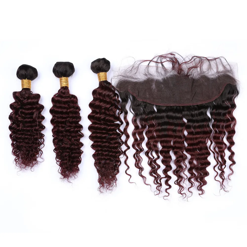 Wine Red Ombre Onda Profunda Encaracolado Cabelo Humano Tece com Fechamento Frontal 13x4 # 1B / 99J Borgonha Ombre 3 Bundles Cabelo Indiano com Rendas Frontal