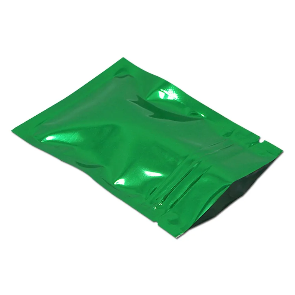 Grön Candy Mylar Tre Sidoförsegling Zip Lock Förpackning Väskor Glänsande Provpaketväska med Tear Notches 7.5 * 6.5cm 200pcs Mini