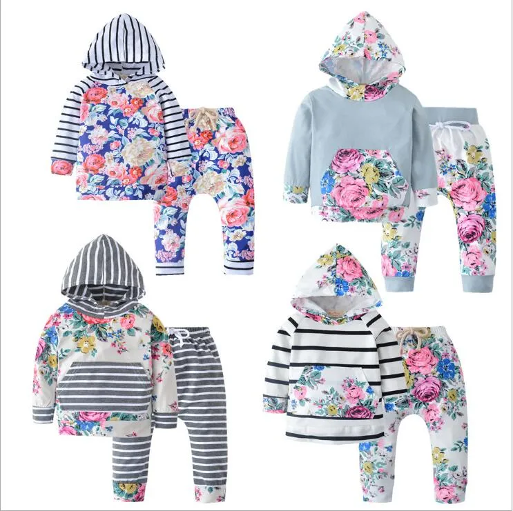 Kids Designer Kläder Tjejer Floral Blommor Kläder Satser Vår Striped Hoodie Byxor Passar Casual Långärmad Jackor Byxor Outfits C7207