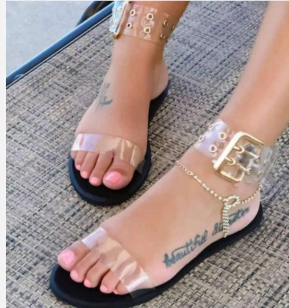 Gran oferta, sandalias planas para mujer, sandalias de gladiador de verano transparentes con punta abierta, zapatos de gelatina para mujer, sandalias de playa con correa de hebilla romana Vintage, talla grande