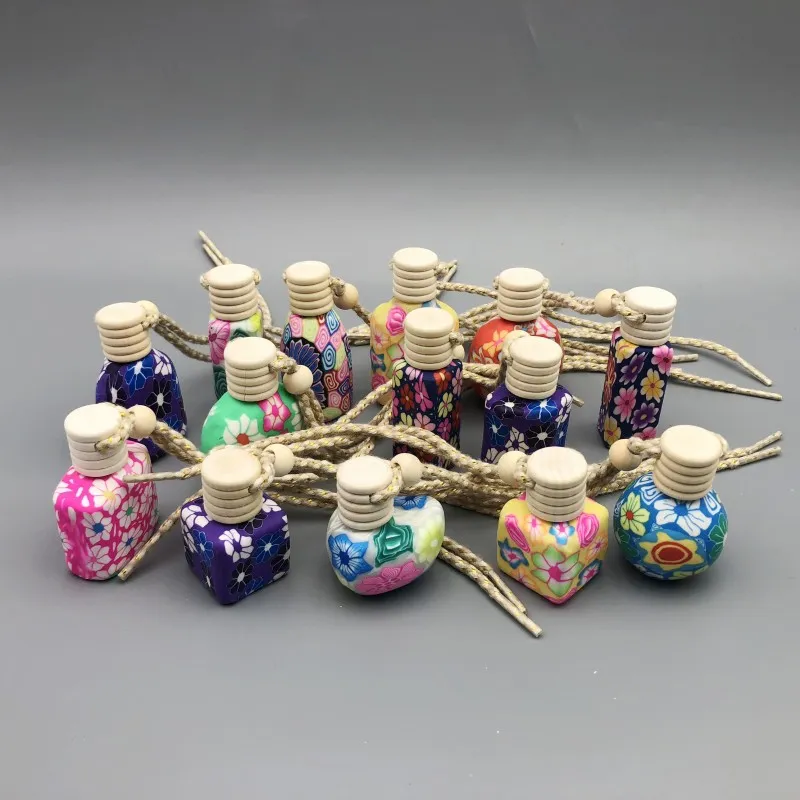 10 -15 ml Car Hanging Rope Empty Decoration Bottle Hand Made Polymer Clay Ceramic Essential Oil Perfume Bottle With Wooden Lid