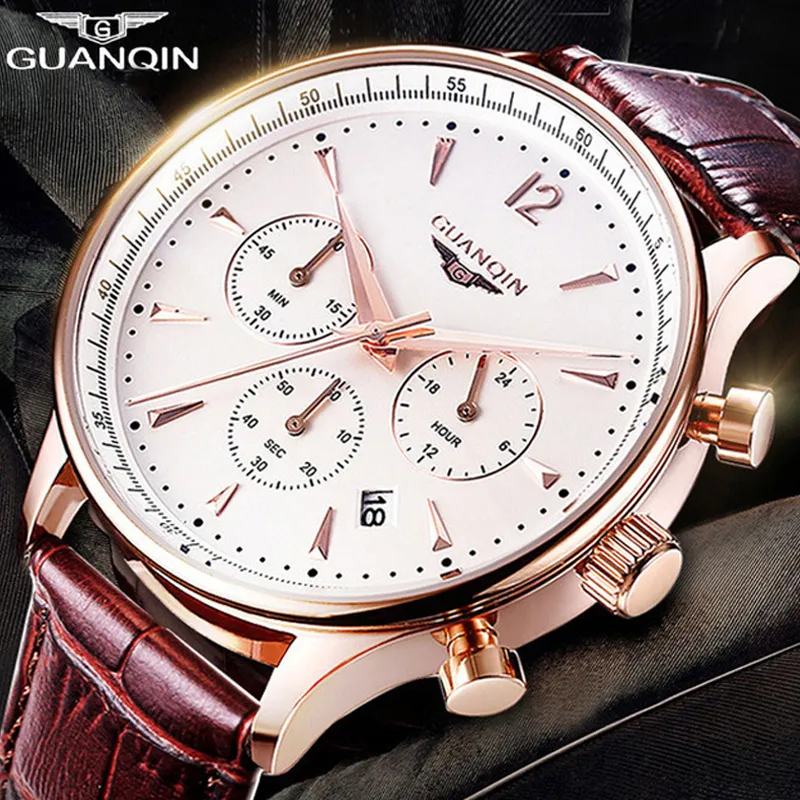 GUANQIN Herrenuhren Top-Marke Luxus Chronograph Militär Sport Quarzuhr Klassiker Männer Casual Retro Lederband Armbanduhr2419