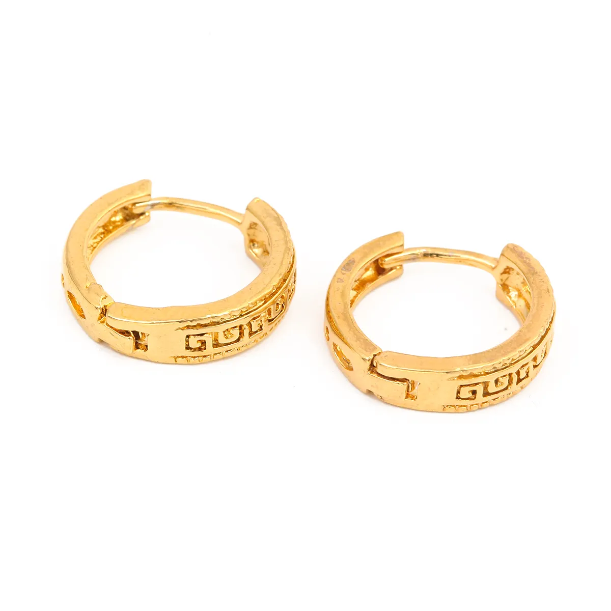 Fashion 24K Gold Plated Greek Pattern Round Hinged Hoop Earrings