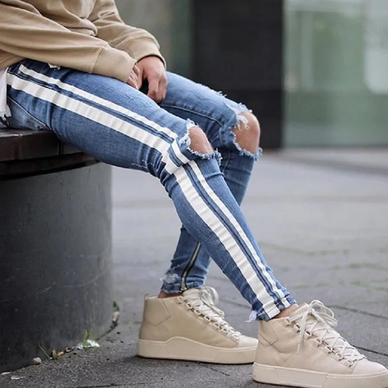Light Blue Men s Skinny Jeans Distressed White Stripe Hip Hop Denim Pants