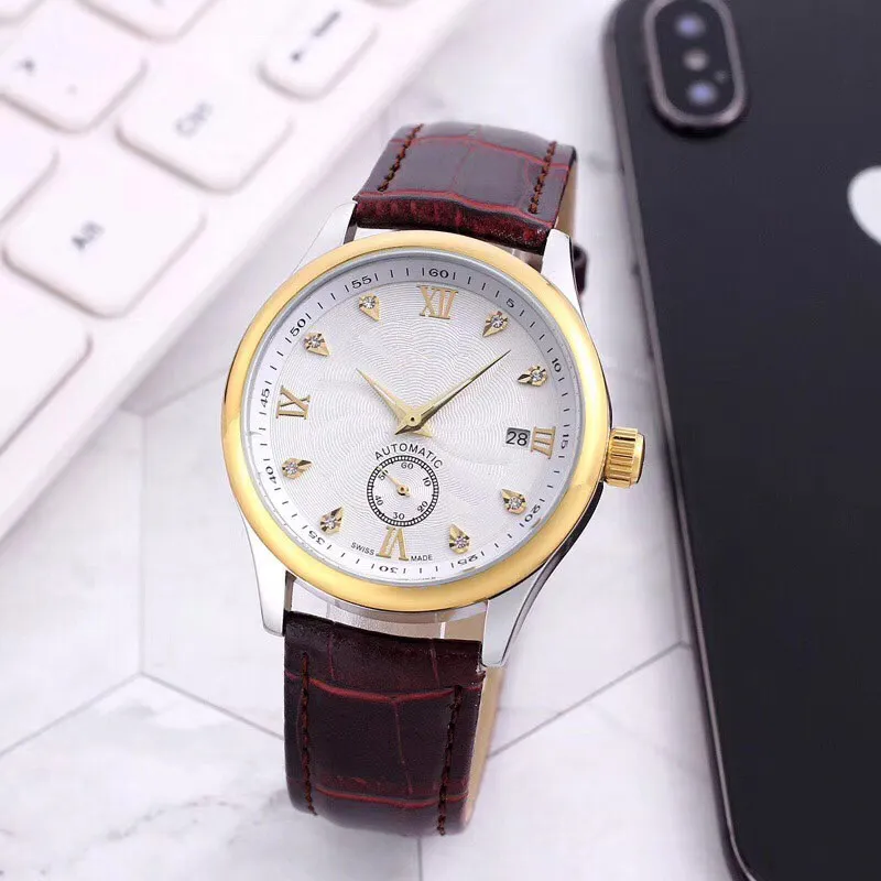 Estilo de moda relógios de pulso masculinos mecânicos automáticos Relógios de pulseira de couro mostrador pequeno mostrador de diamante de 38 mm Relógio para presente de dia dos pais masculino