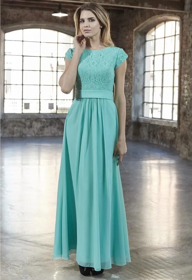 2019 Nowa mięta Koronki Szyfonowa A-Line Długie Skromne Suknie Druhna Z Cap Rękawy Długość podłogi Light Green Modest Maids of Honor Dress