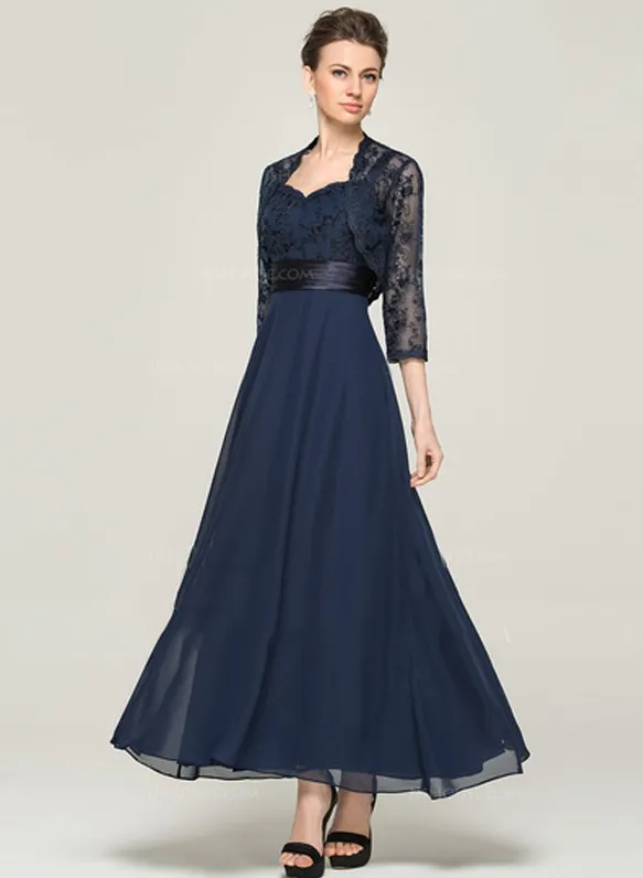 2020 Tea-length 3/4 Long Sleeve Dark Blue Chiffon Lace With Lace A-line Mother Of The Bride Dress Dark Navy Mothers Dresses