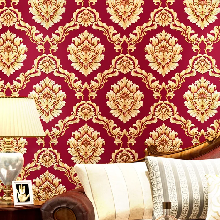 Estilo Europeu pvc Wallpaper Luxo damasco 3D estereoscópico Relief Damasco Sala de estar papel de parede quarto Home Decor Paper