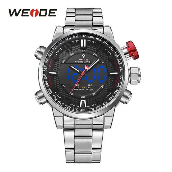 Weide Mens Sports Model Flera funktioner Business Auto Date Week Analog LED Display Alarm Stopp Watch Steel Strap Witch Watch293f