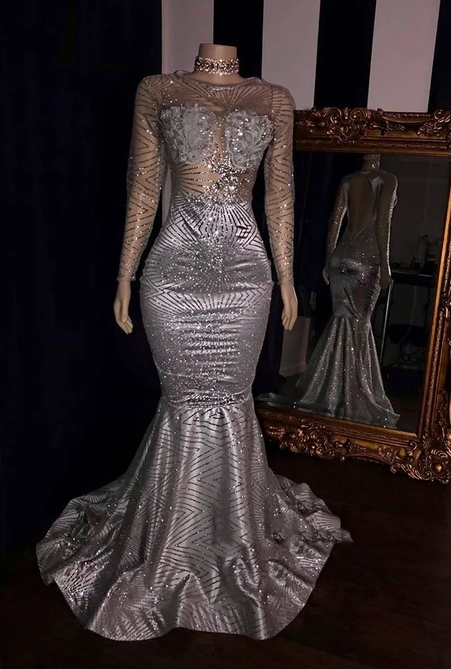 Glittering Long Sleeve Silver Prom Dress 2019 Mermaid Evening Dresses Sequins Long Evening Gowns robes de soiree Formal Dresses Robes