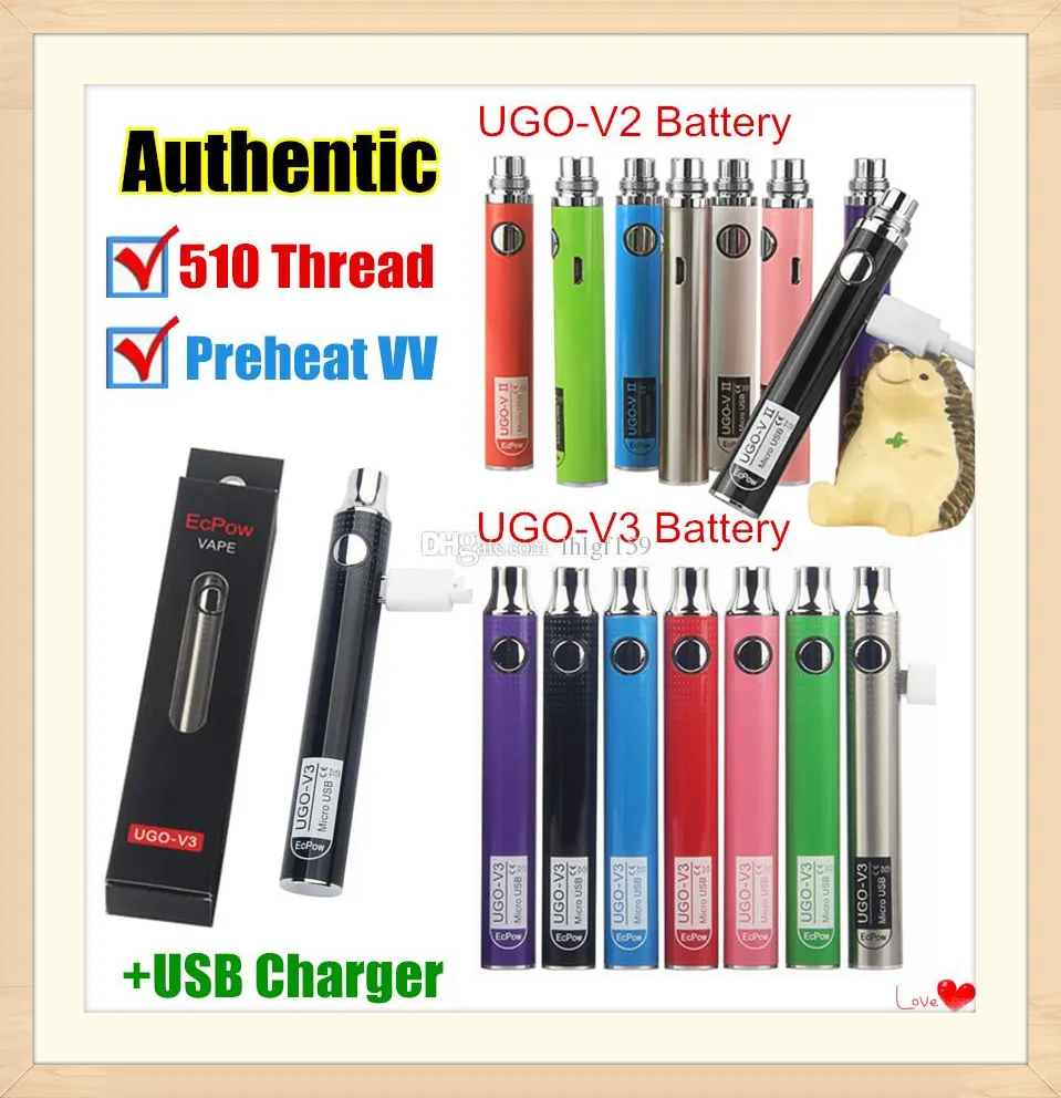 Authentique stylo vape UGO-V II 2 510 fils Kits de batterie EVOD préchauffés à tension variable UGO V3 avec chargeur eGo Micro USB Passthrough ecigs