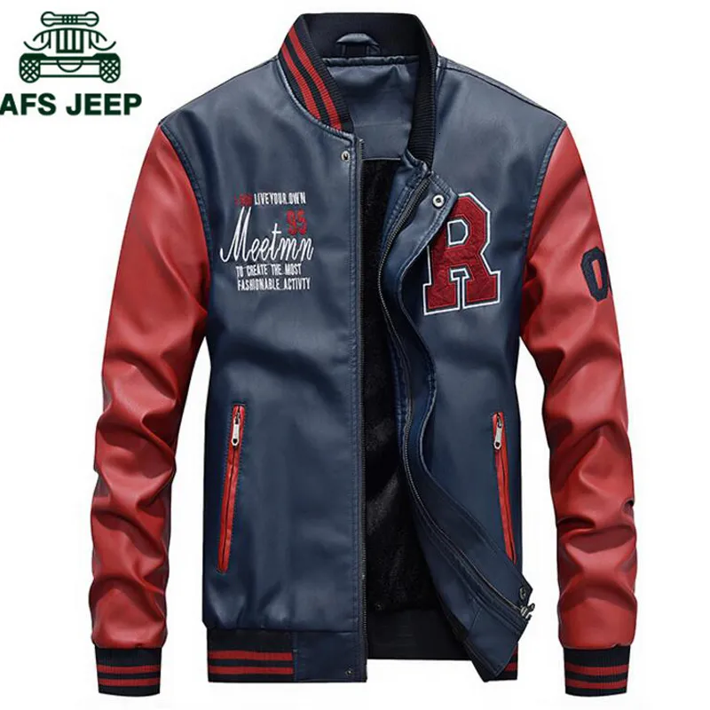 AFS JEEP Embroidery Baseball Jackets Men Letter Stand Collar Pu Leather Coats Plus Size 4XL Fleece Pilot Leather Jacket hombre LY191206