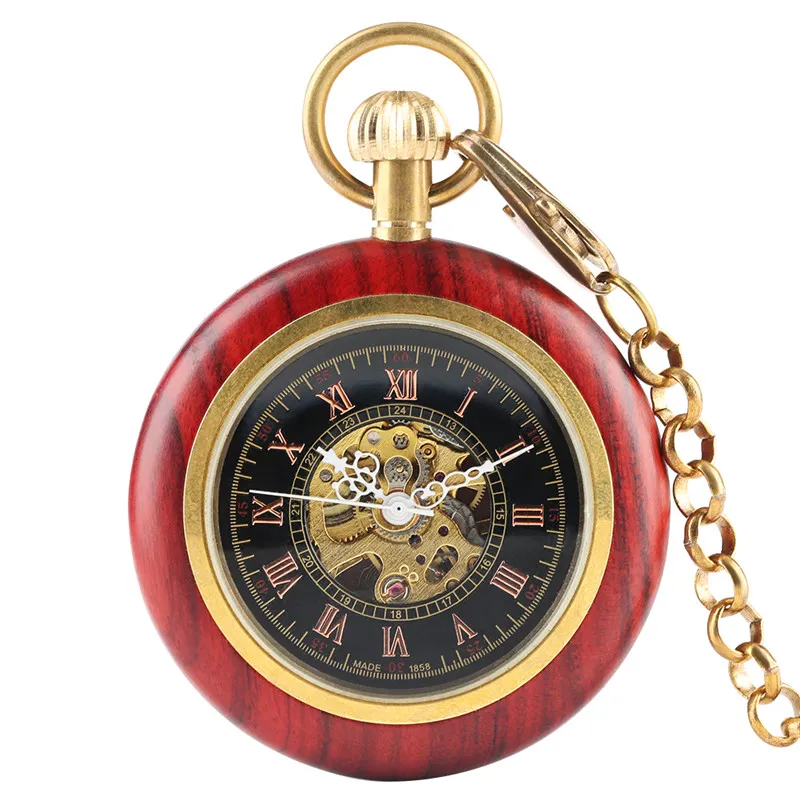 Antique Classic Retro Hand Winding Mechanical Pocket Watch Red Wood Skeleton Dial Roman Numeral Clock for Men Women Golden Pendant Chain